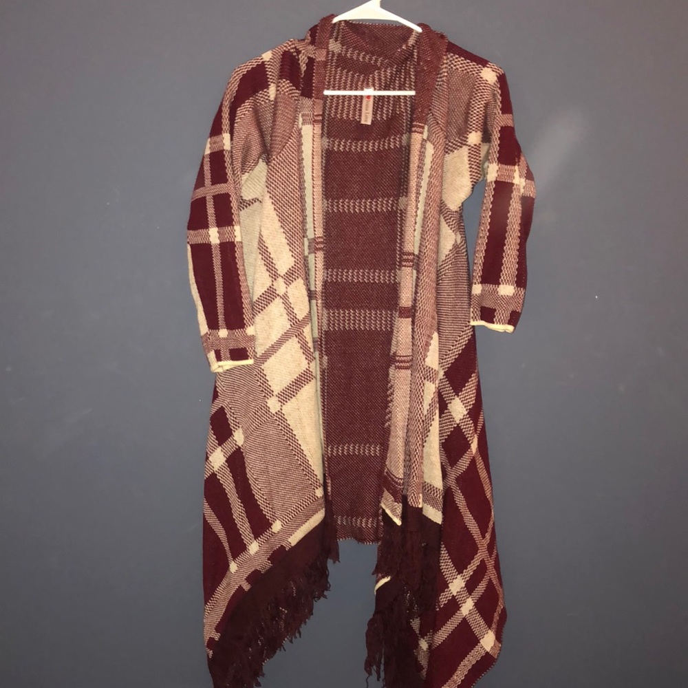 Maroon and white poncho sweater